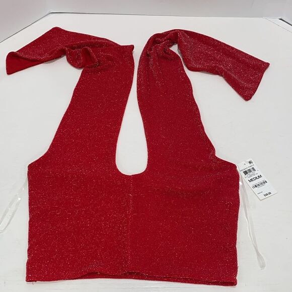 Bar lll Holiday Party Cherry On Top Red With Metallic Silver Stitch Halter Top - Picture 6 of 14